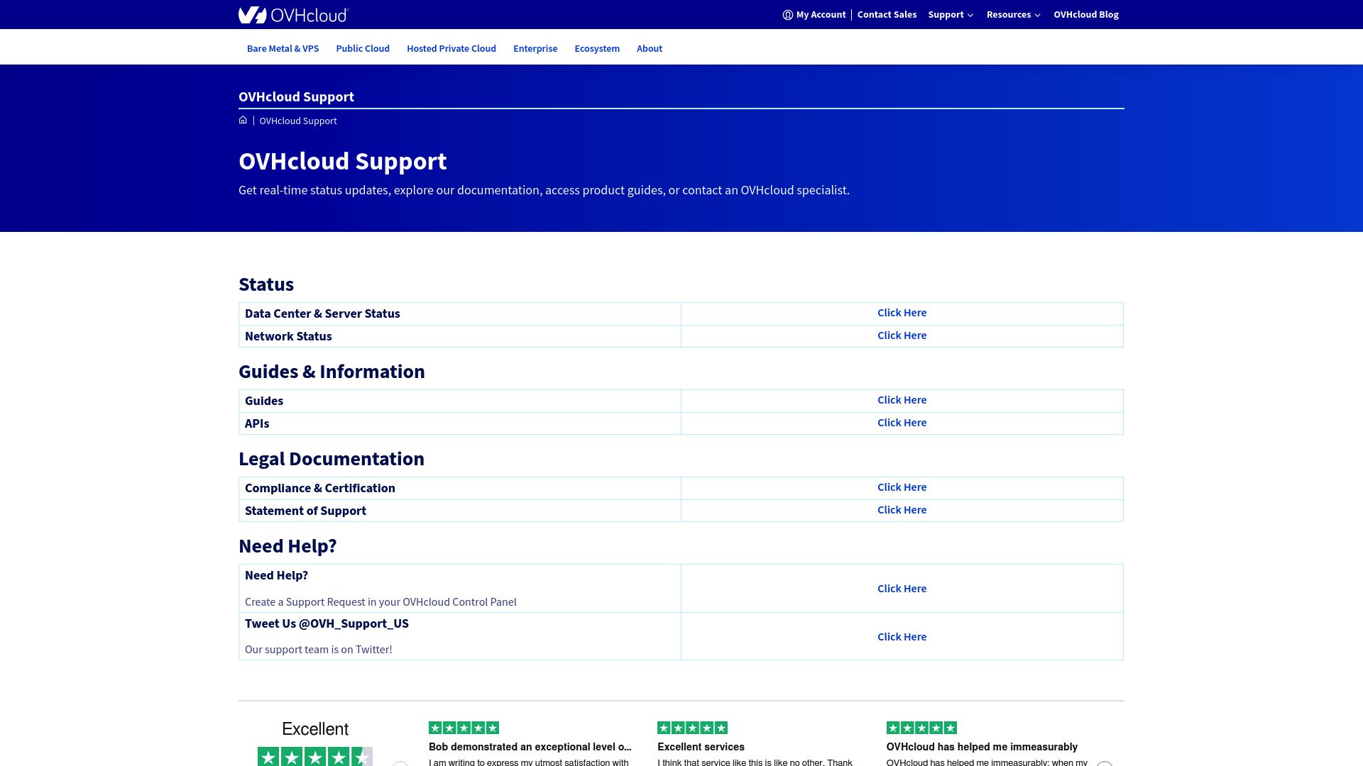 OVHcloud Support Page